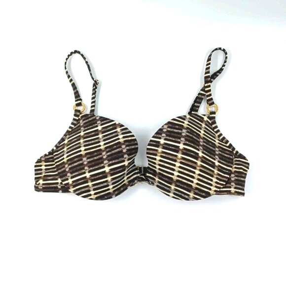 BCBG MaxAzria Bikini Top Womens Sz S Brown Boho Geo Minimal Gold Y2K Island Girl - Picture 2 of 12